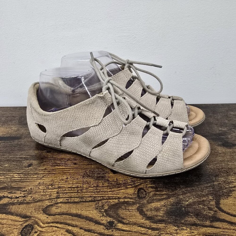 Earth Plover Textured Leather Sandals Women's Size 7.5 Nubuck Lace Up Taupe